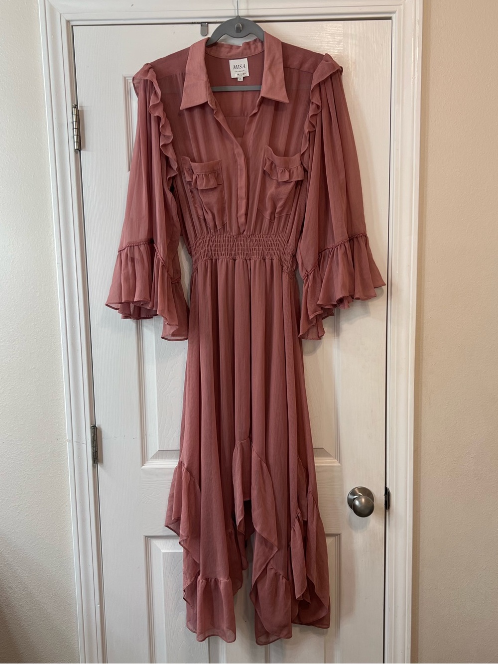 MISA Los Angeles Pink Ruffle High Low Maxi Dress Size L Smocked Waist Boho Chic